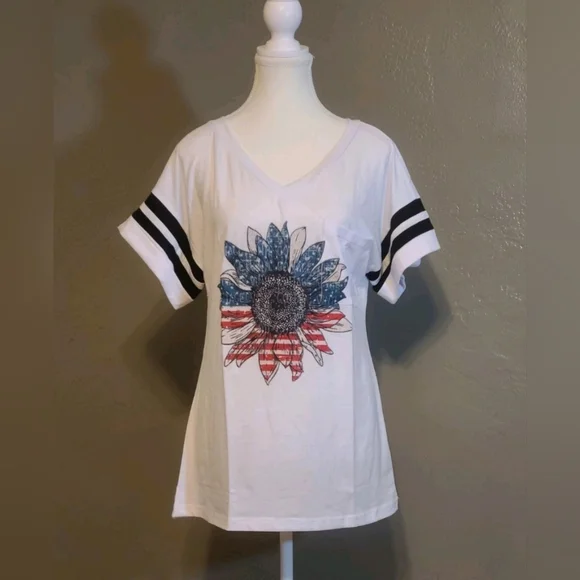 Cute Womens Small White Graphic Tee with Black Stripes and Relaxed Fit NWOT - Picture 9 of 9